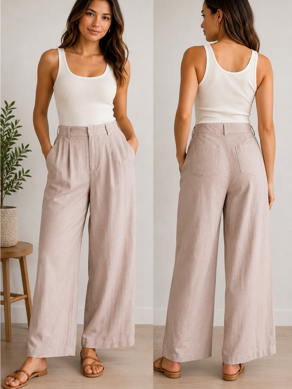 High-Rise Wide Leg Linen-Blend Pants in Taupe